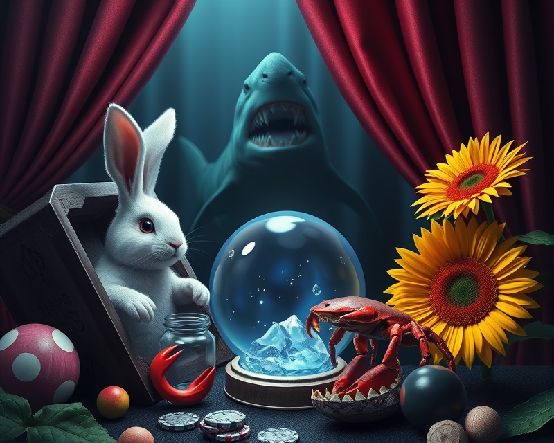 bunny, coffin, poker chip, shark, curtain, jar, crystal ball, crab, cub, alligator, bowling ball, panther, sunflower